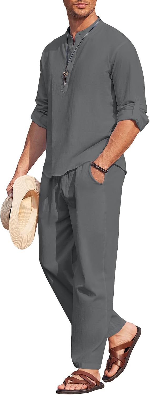 Men's 2 Pieces Cotton Linen Set Long Sleeve Henley Shirts Casual Beach Pants With Pockets Summer Yoga Outfits