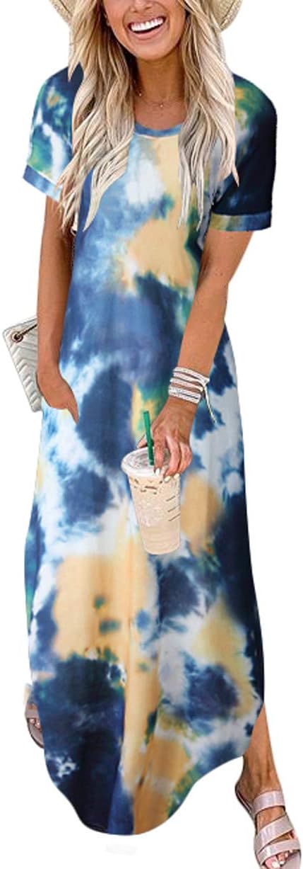 Womens Summer Maxi Dress Short Sleeve Casual Loose Long T Shirt Dresses Split Vacation Beach Sundress Travel Outfits