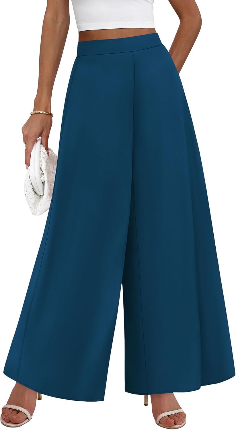 Pants for Women 2026 Elastic High Waisted Wide Leg Trousers | Soft Drape Dress Pant Business Casual Office Work, Loose Flowy Slacks With Pockets, Lightweight Summer Fall Vacation Outfits