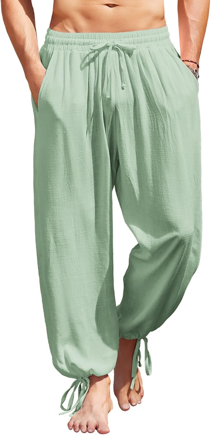 Men's Cotton Linen Pants Casual Harem Pants Elastic Waist Beach Boho Yoga Trousers