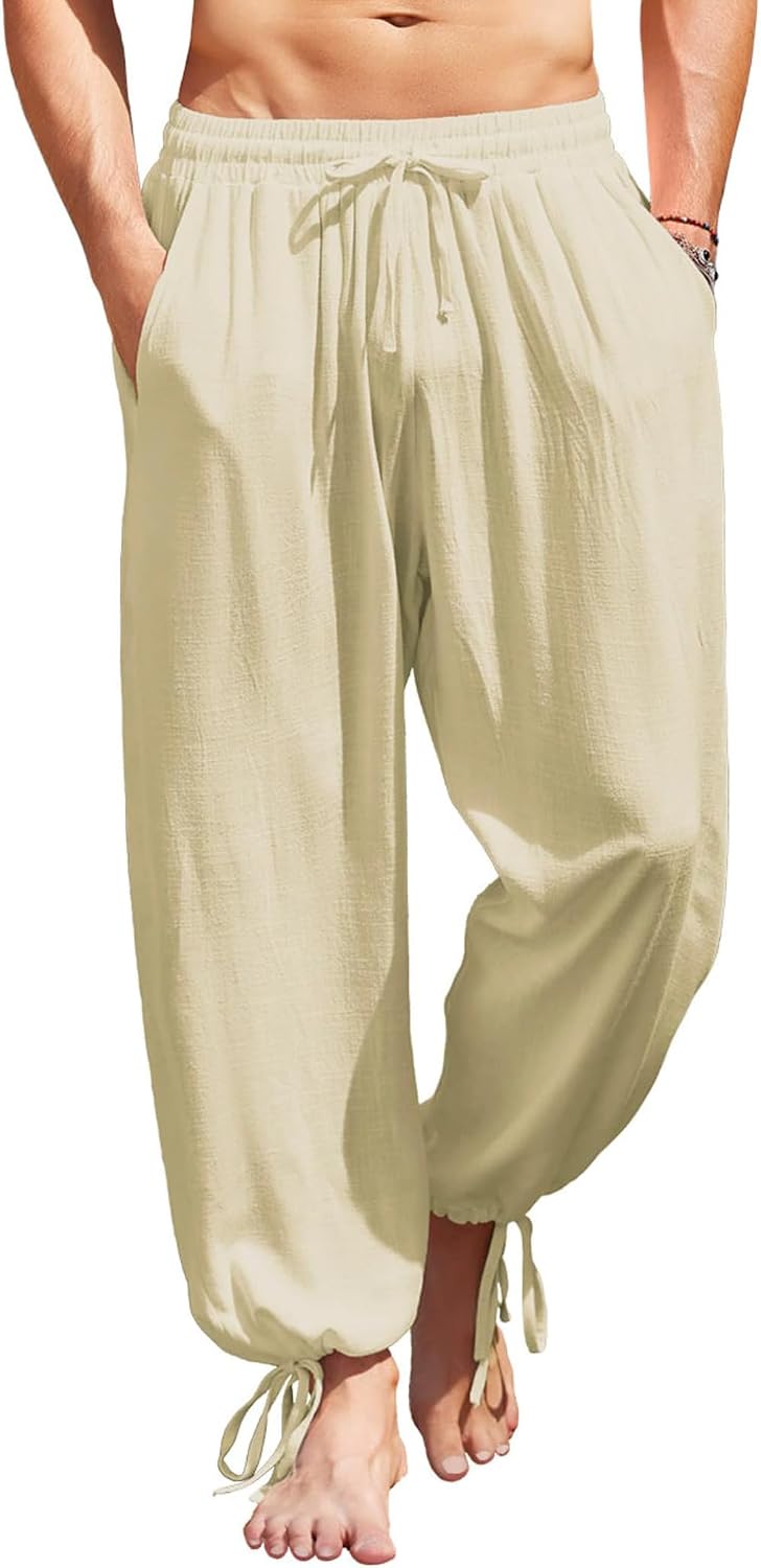 Men's Cotton Linen Pants Casual Harem Pants Elastic Waist Beach Boho Yoga Trousers