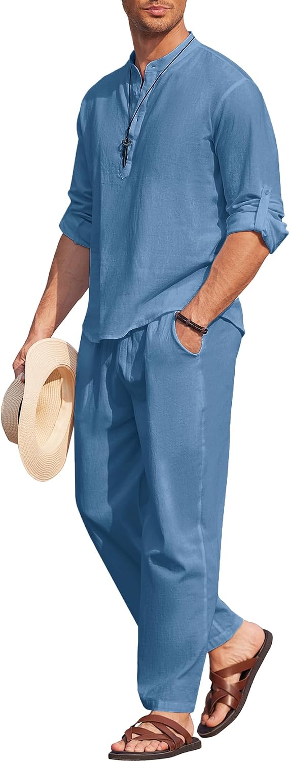 Men's 2 Pieces Cotton Linen Set Long Sleeve Henley Shirts Casual Beach Pants With Pockets Summer Yoga Outfits