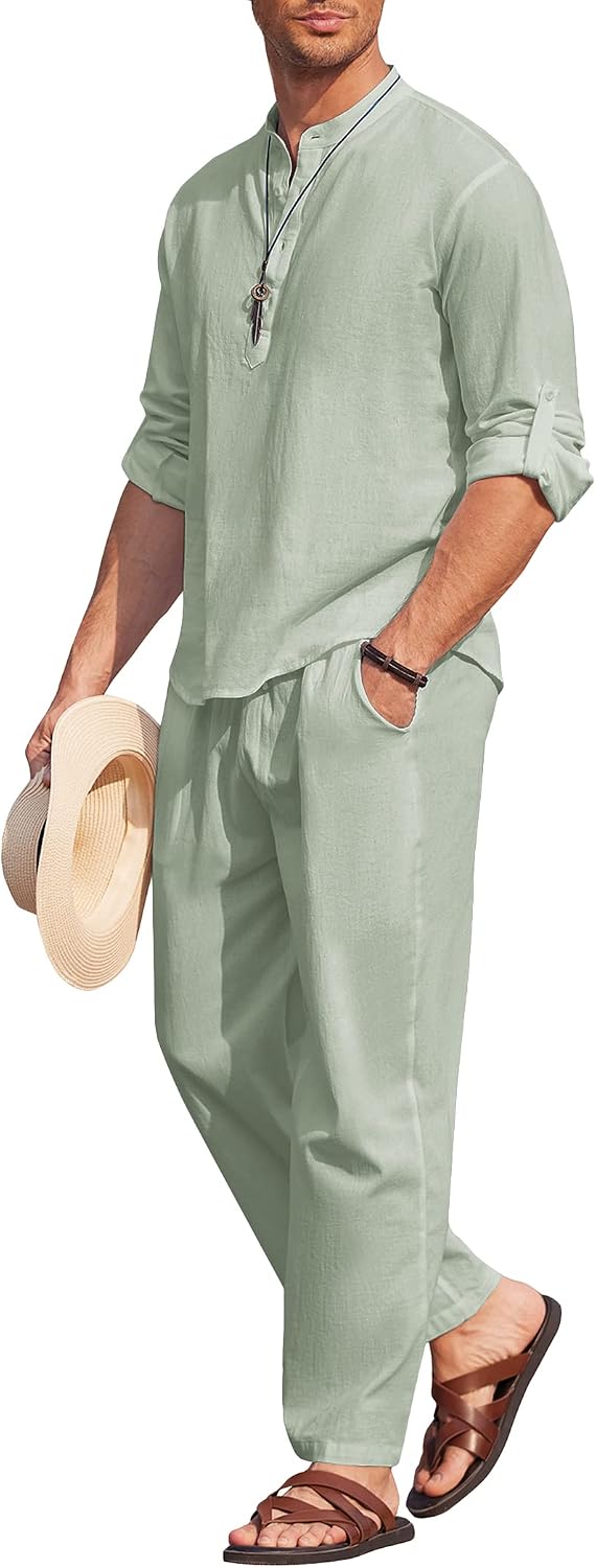 Men's 2 Pieces Cotton Linen Set Long Sleeve Henley Shirts Casual Beach Pants With Pockets Summer Yoga Outfits