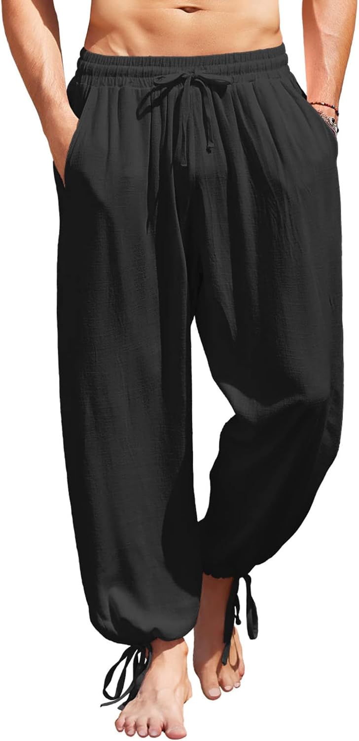 Men's Cotton Linen Pants Casual Harem Pants Elastic Waist Beach Boho Yoga Trousers
