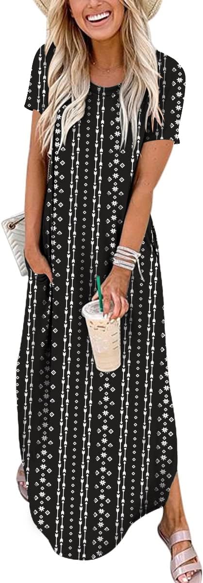 Womens Summer Maxi Dress Short Sleeve Casual Loose Long T Shirt Dresses Split Vacation Beach Sundress Travel Outfits