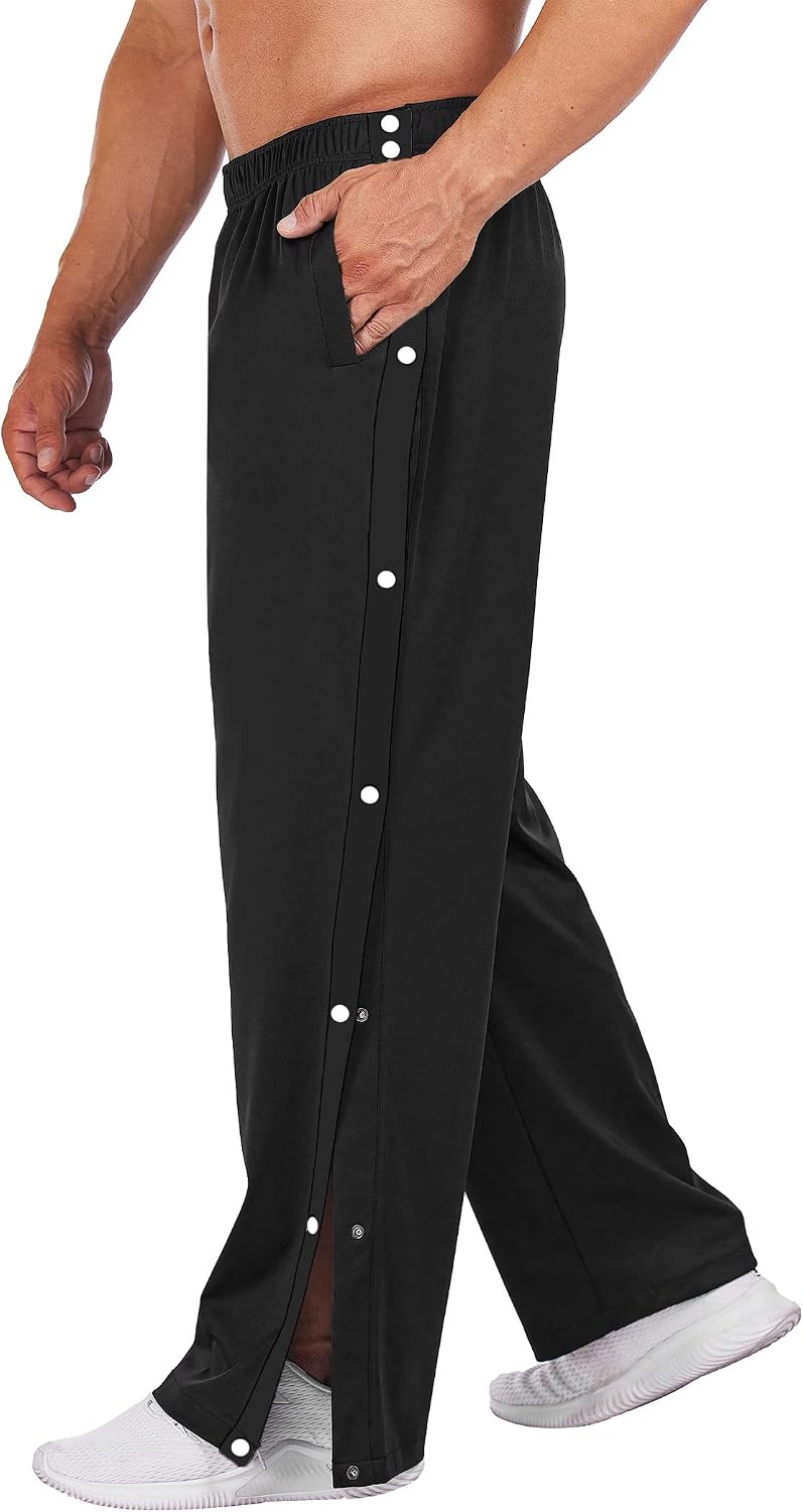 Men's Tear Away Basketball Pants High Split Snap Button Casual Post-Surgery Sweatpants with Pockets
