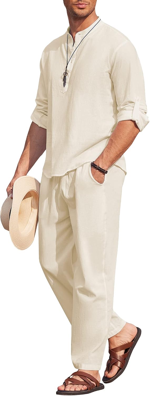 Men's 2 Pieces Cotton Linen Set Long Sleeve Henley Shirts Casual Beach Pants With Pockets Summer Yoga Outfits