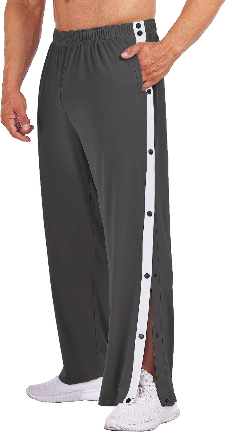 Men's Tear Away Basketball Pants High Split Snap Button Casual Post-Surgery Sweatpants with Pockets
