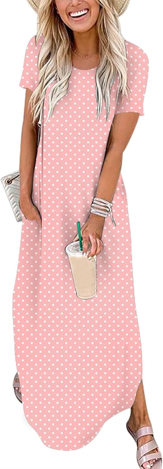 Womens Summer Maxi Dress Short Sleeve Casual Loose Long T Shirt Dresses Split Vacation Beach Sundress Travel Outfits