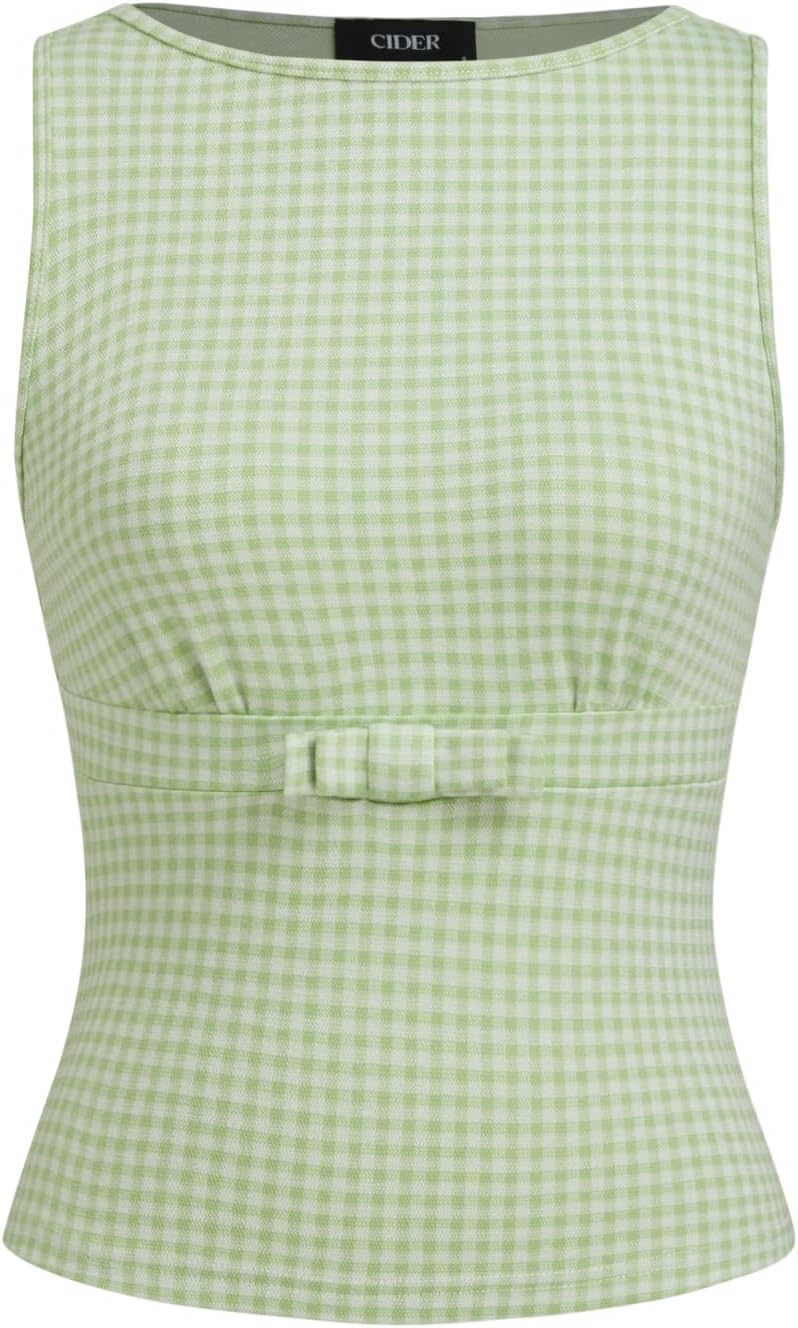 Gingham Tops for Women Plaid Going Out Tops Sleeveless Cute Tank Bow Summer Shirt