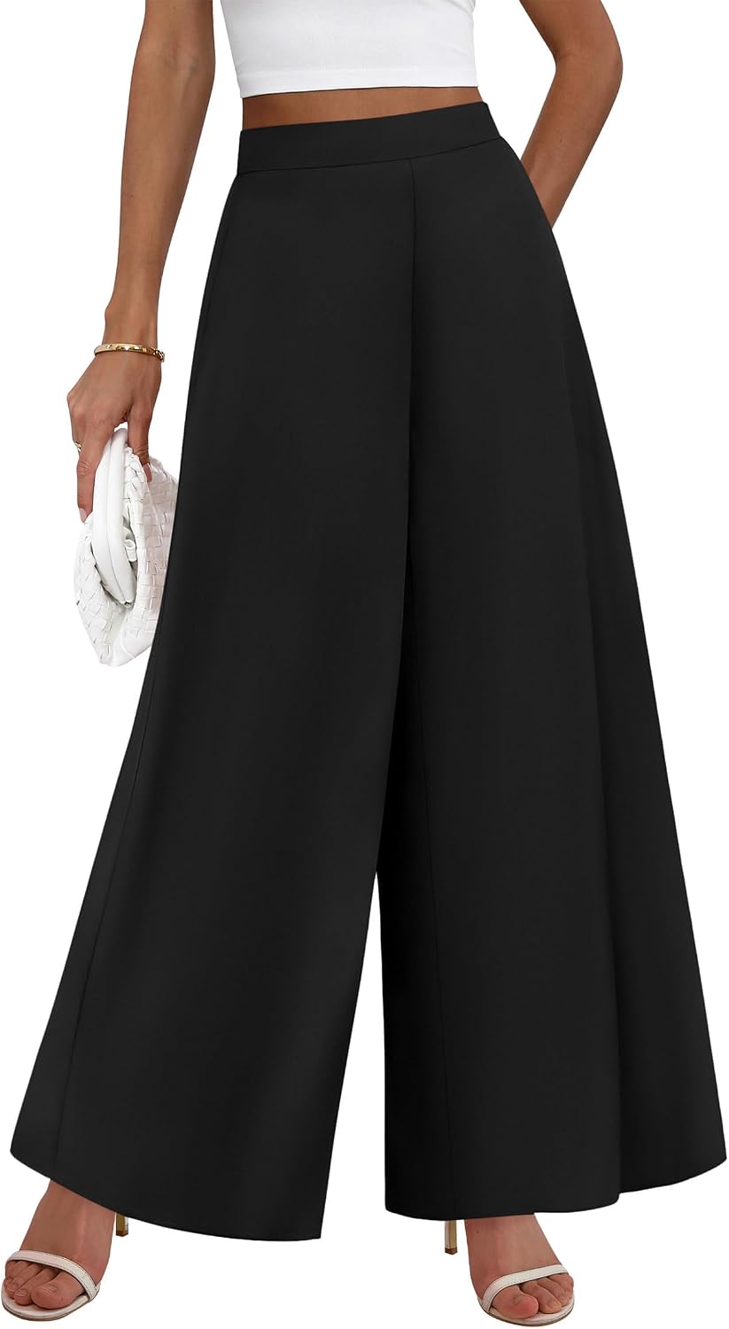 Pants for Women 2026 Elastic High Waisted Wide Leg Trousers | Soft Drape Dress Pant Business Casual Office Work, Loose Flowy Slacks With Pockets, Lightweight Summer Fall Vacation Outfits
