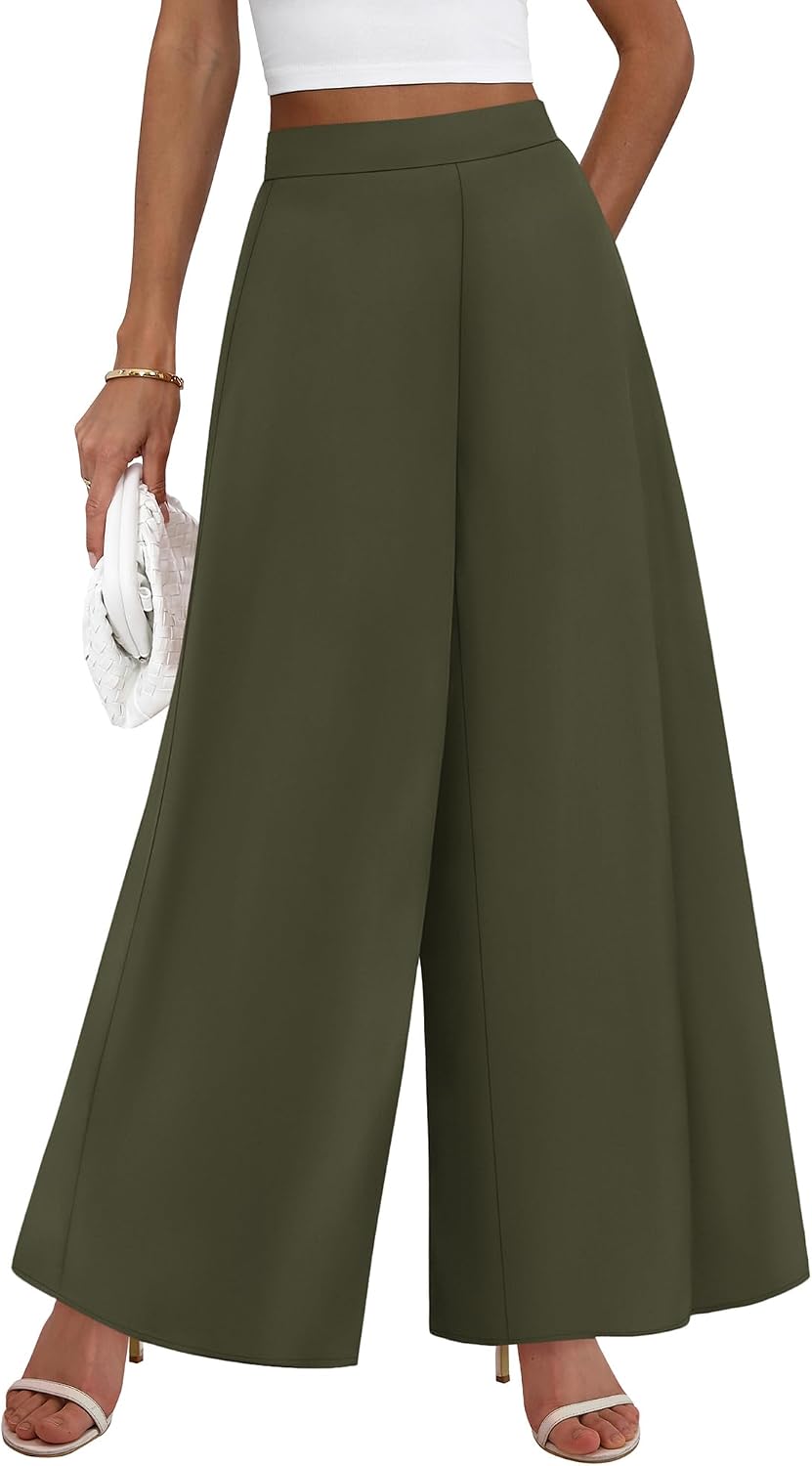 Pants for Women 2026 Elastic High Waisted Wide Leg Trousers | Soft Drape Dress Pant Business Casual Office Work, Loose Flowy Slacks With Pockets, Lightweight Summer Fall Vacation Outfits