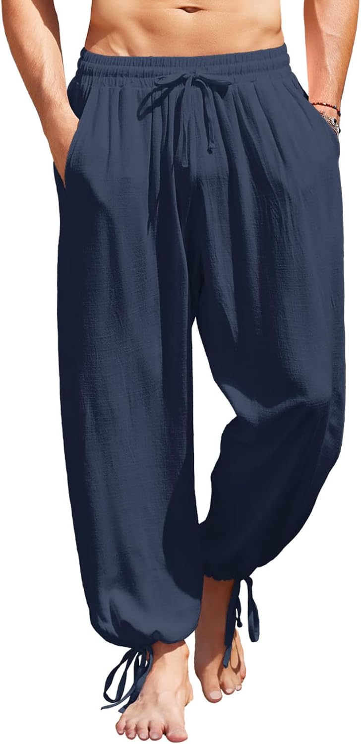 Men's Cotton Linen Pants Casual Harem Pants Elastic Waist Beach Boho Yoga Trousers