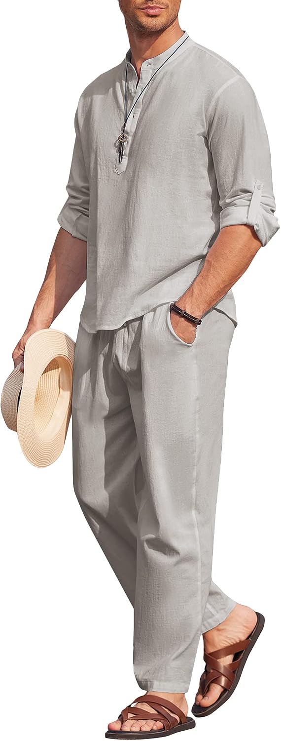 Men's 2 Pieces Cotton Linen Set Long Sleeve Henley Shirts Casual Beach Pants With Pockets Summer Yoga Outfits