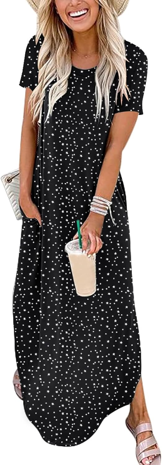 Womens Summer Maxi Dress Short Sleeve Casual Loose Long T Shirt Dresses Split Vacation Beach Sundress Travel Outfits