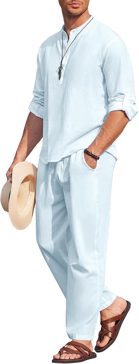 Men's 2 Pieces Cotton Linen Set Long Sleeve Henley Shirts Casual Beach Pants With Pockets Summer Yoga Outfits