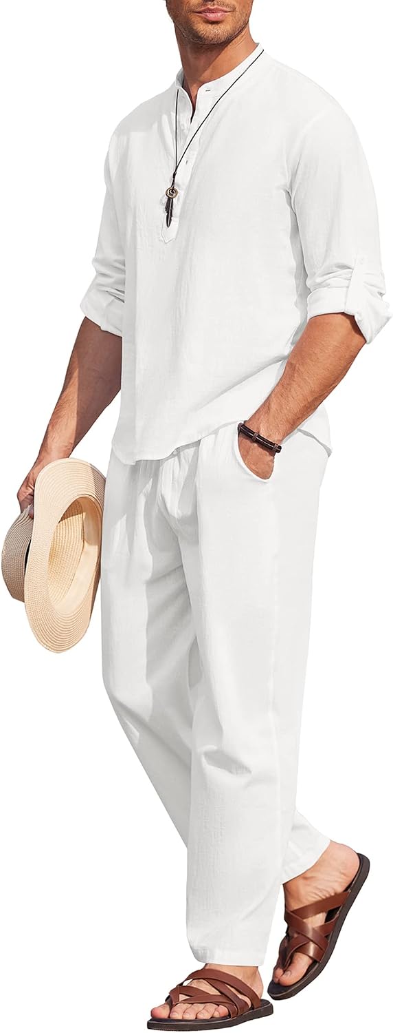 Men's 2 Pieces Cotton Linen Set Long Sleeve Henley Shirts Casual Beach Pants With Pockets Summer Yoga Outfits