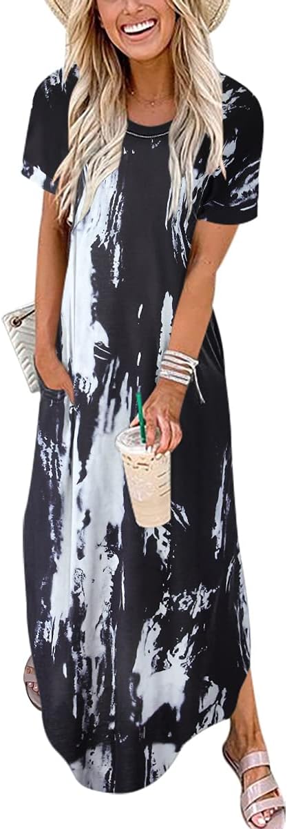 Womens Summer Maxi Dress Short Sleeve Casual Loose Long T Shirt Dresses Split Vacation Beach Sundress Travel Outfits