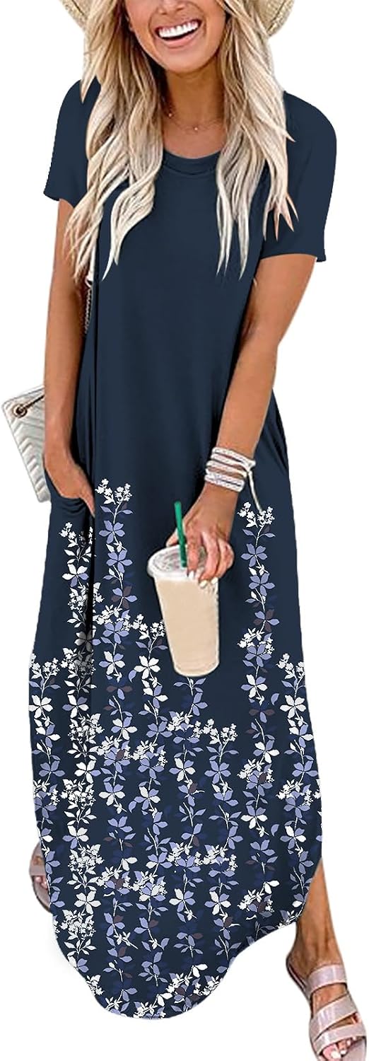 Womens Summer Maxi Dress Short Sleeve Casual Loose Long T Shirt Dresses Split Vacation Beach Sundress Travel Outfits