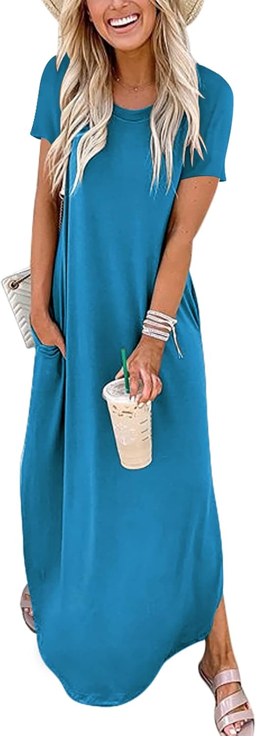 Womens Summer Maxi Dress Short Sleeve Casual Loose Long T Shirt Dresses Split Vacation Beach Sundress Travel Outfits