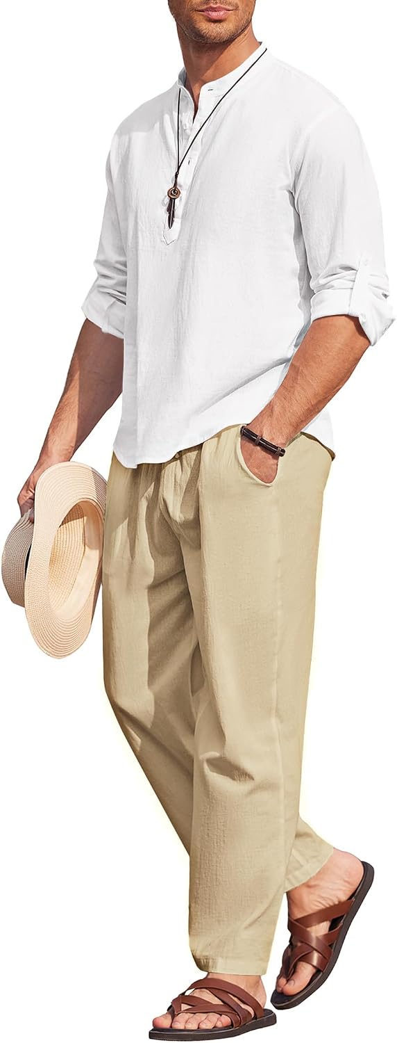 Men's 2 Pieces Cotton Linen Set Long Sleeve Henley Shirts Casual Beach Pants With Pockets Summer Yoga Outfits