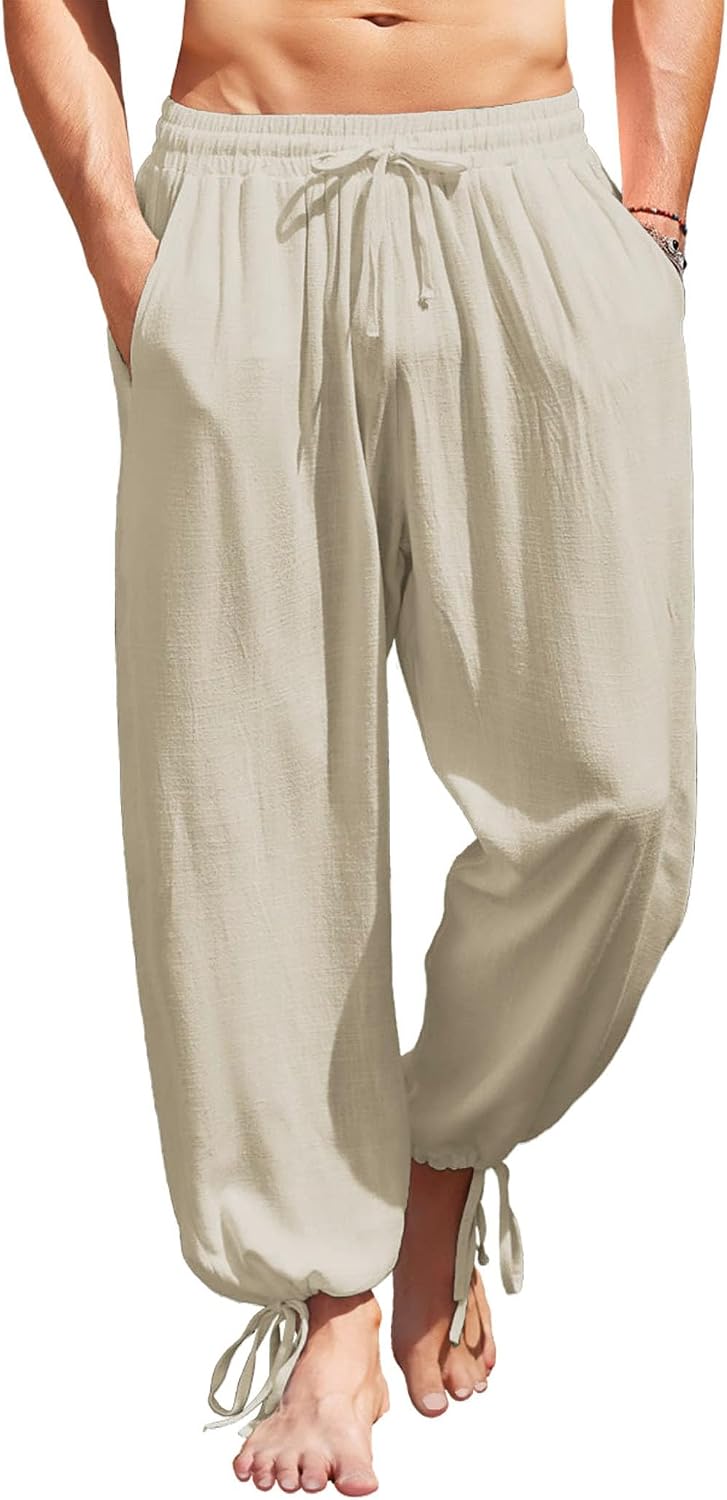 Men's Cotton Linen Pants Casual Harem Pants Elastic Waist Beach Boho Yoga Trousers