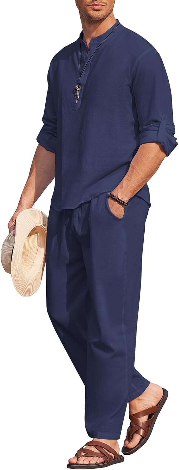 Men's 2 Pieces Cotton Linen Set Long Sleeve Henley Shirts Casual Beach Pants With Pockets Summer Yoga Outfits