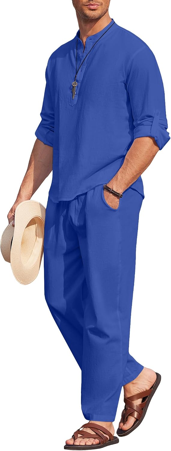 Men's 2 Pieces Cotton Linen Set Long Sleeve Henley Shirts Casual Beach Pants With Pockets Summer Yoga Outfits