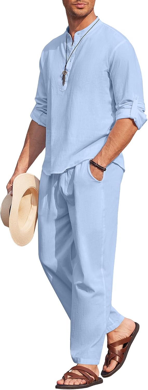 Men's 2 Pieces Cotton Linen Set Long Sleeve Henley Shirts Casual Beach Pants With Pockets Summer Yoga Outfits
