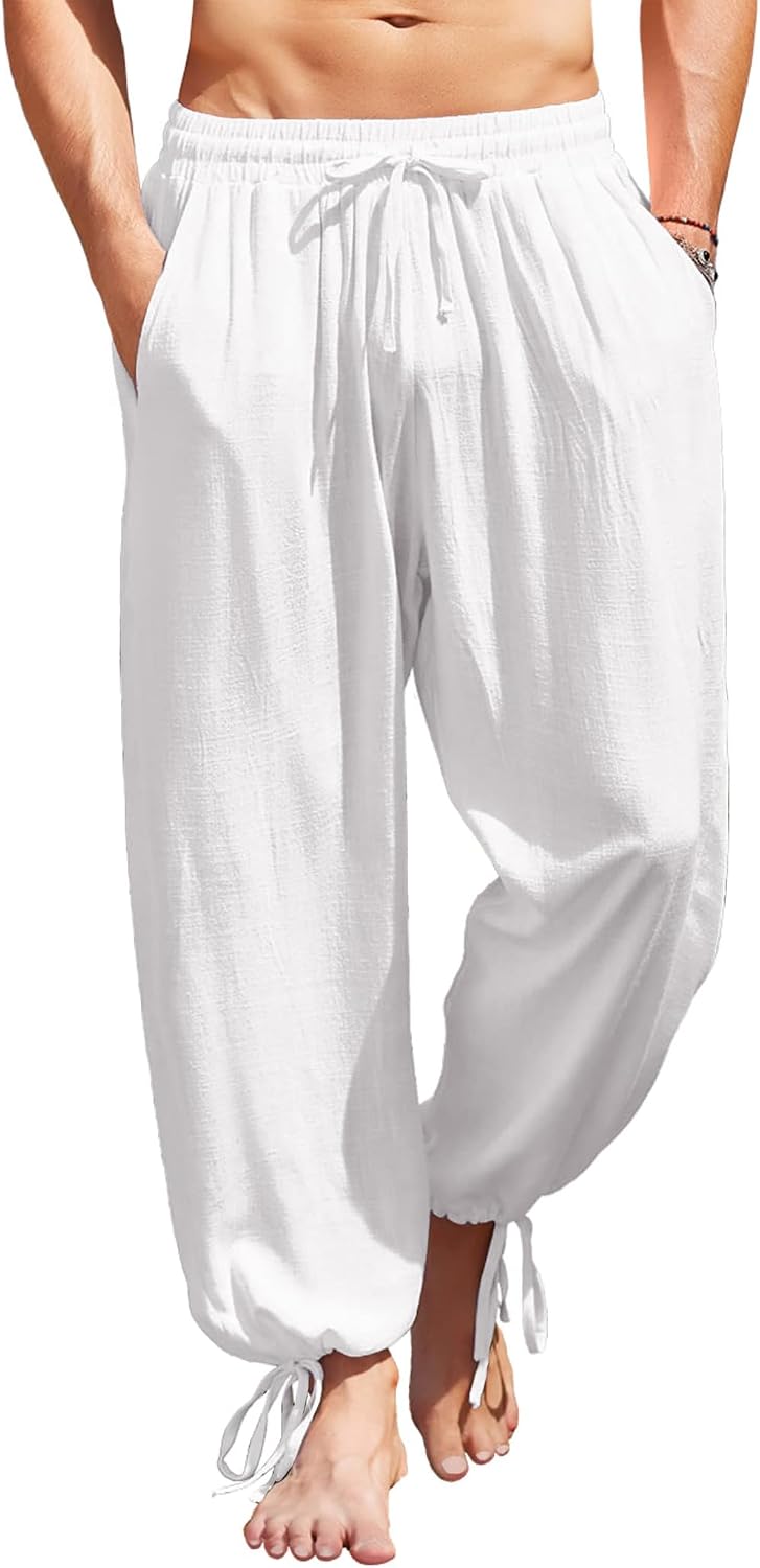 Men's Cotton Linen Pants Casual Harem Pants Elastic Waist Beach Boho Yoga Trousers