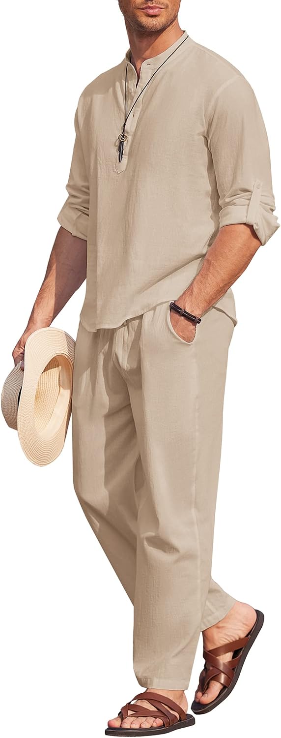 Men's 2 Pieces Cotton Linen Set Long Sleeve Henley Shirts Casual Beach Pants With Pockets Summer Yoga Outfits