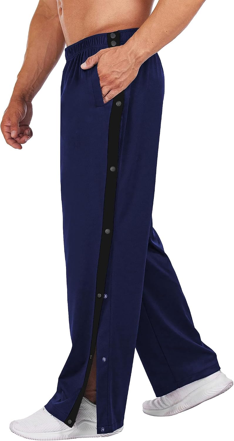Men's Tear Away Basketball Pants High Split Snap Button Casual Post-Surgery Sweatpants with Pockets