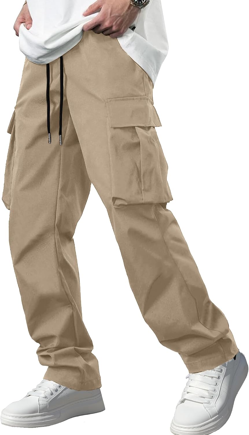 Men's Casual Cargo Pants Workout Joggers Stretch Sweatpants Hiking Drawstring Tactical Pants with Multi Pockets