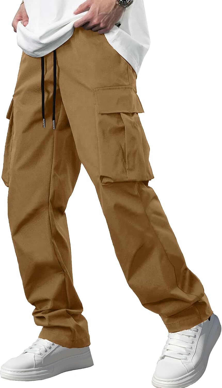 Men's Casual Cargo Pants Workout Joggers Stretch Sweatpants Hiking Drawstring Tactical Pants with Multi Pockets