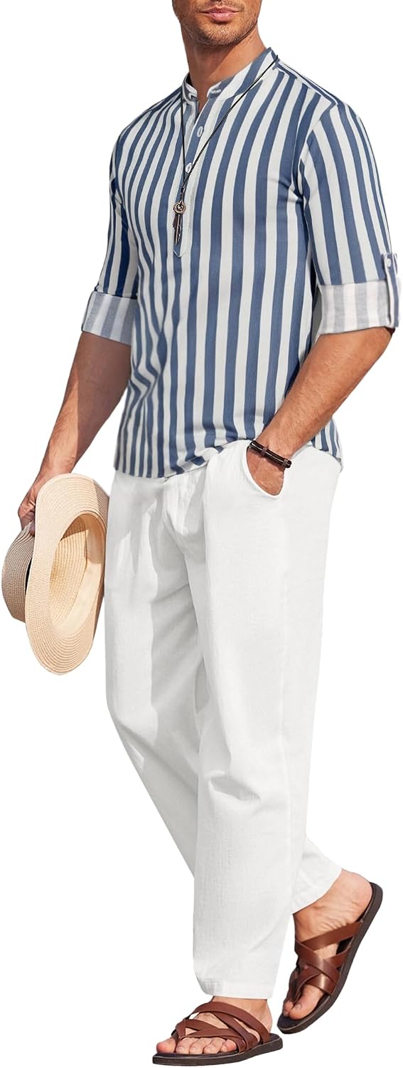 Men's 2 Pieces Cotton Linen Set Long Sleeve Henley Shirts Casual Beach Pants With Pockets Summer Yoga Outfits