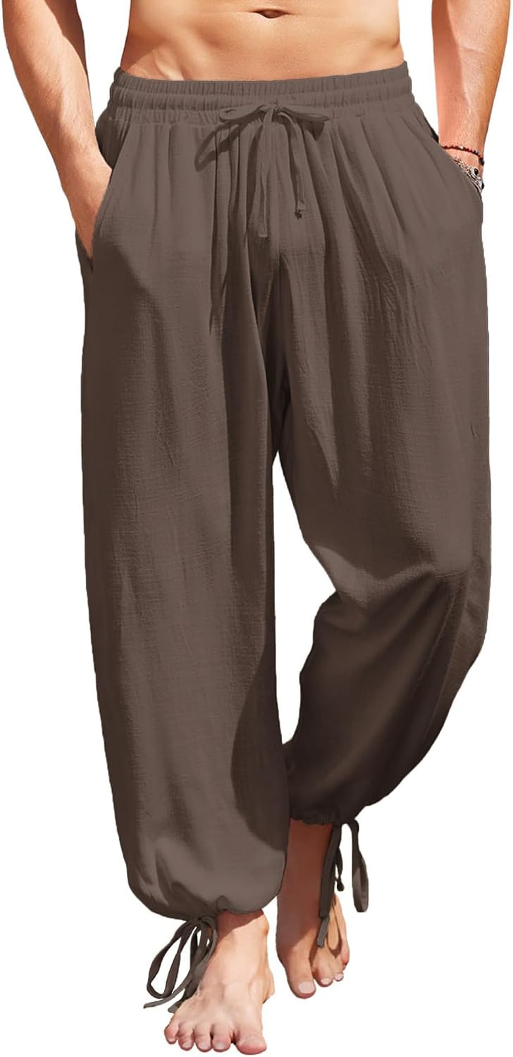 Men's Cotton Linen Pants Casual Harem Pants Elastic Waist Beach Boho Yoga Trousers