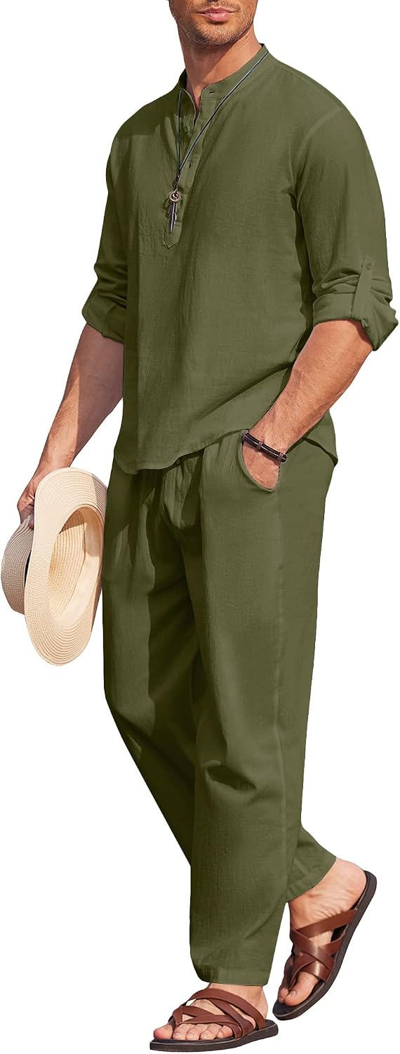 Men's 2 Pieces Cotton Linen Set Long Sleeve Henley Shirts Casual Beach Pants With Pockets Summer Yoga Outfits
