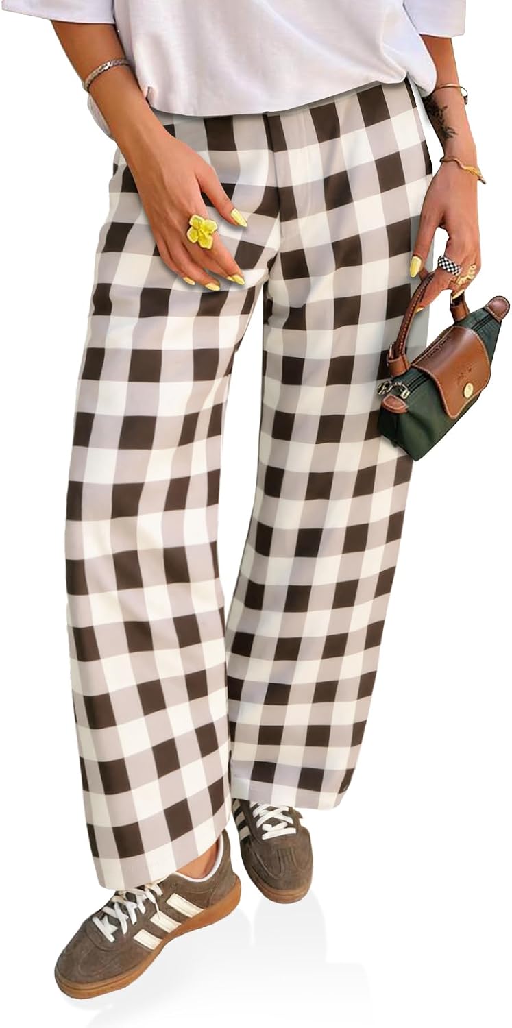Womens Wide Leg Pants High Wiasted Casual Baggy Palazzo Elastic Plaid Pants Trousers