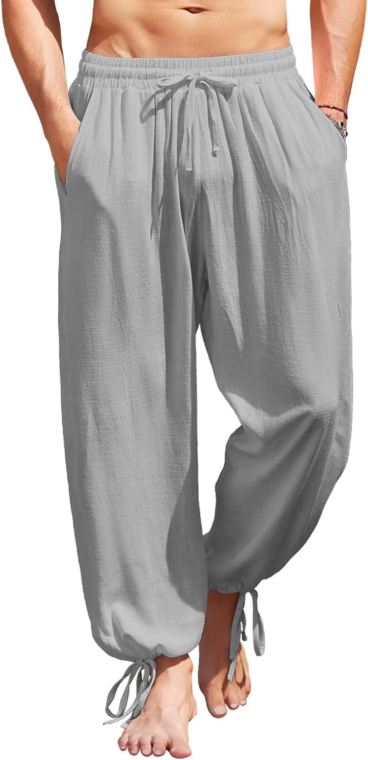 Men's Cotton Linen Pants Casual Harem Pants Elastic Waist Beach Boho Yoga Trousers