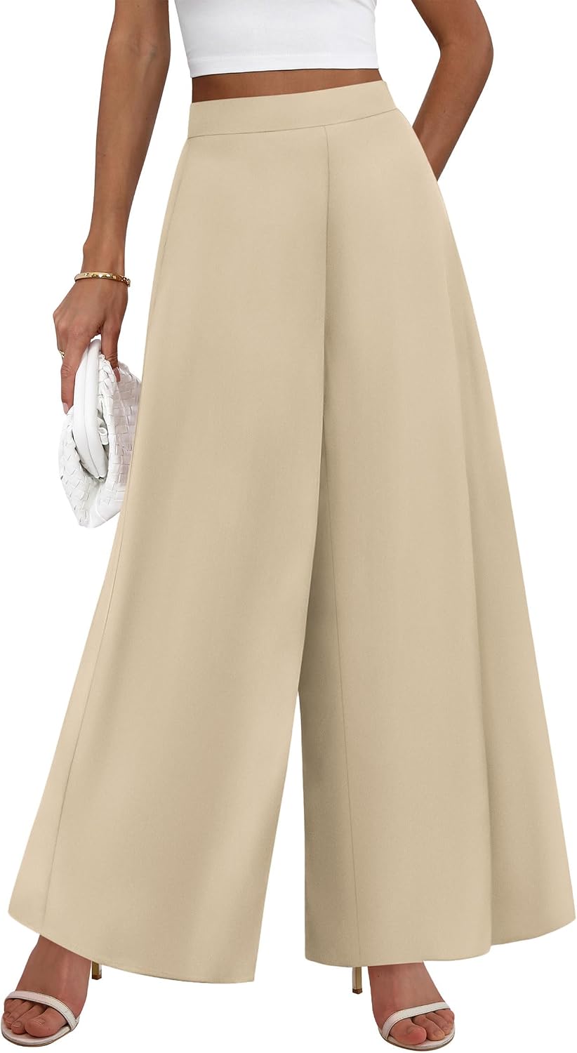 Pants for Women 2026 Elastic High Waisted Wide Leg Trousers | Soft Drape Dress Pant Business Casual Office Work, Loose Flowy Slacks With Pockets, Lightweight Summer Fall Vacation Outfits