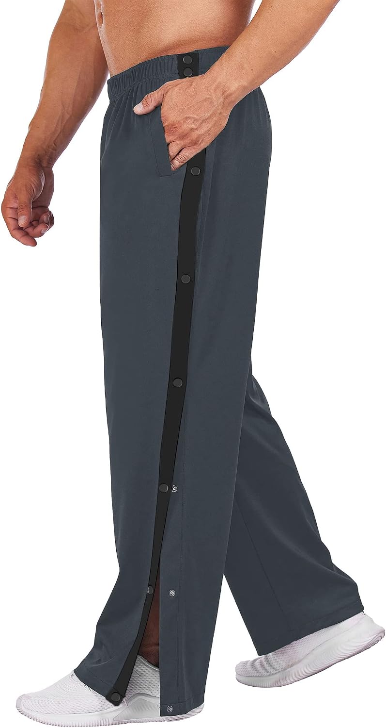 Men's Tear Away Basketball Pants High Split Snap Button Casual Post-Surgery Sweatpants with Pockets