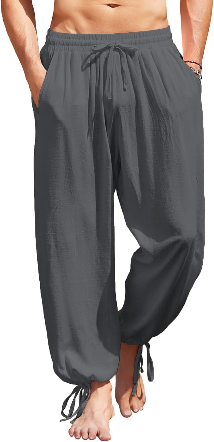 Men's Cotton Linen Pants Casual Harem Pants Elastic Waist Beach Boho Yoga Trousers