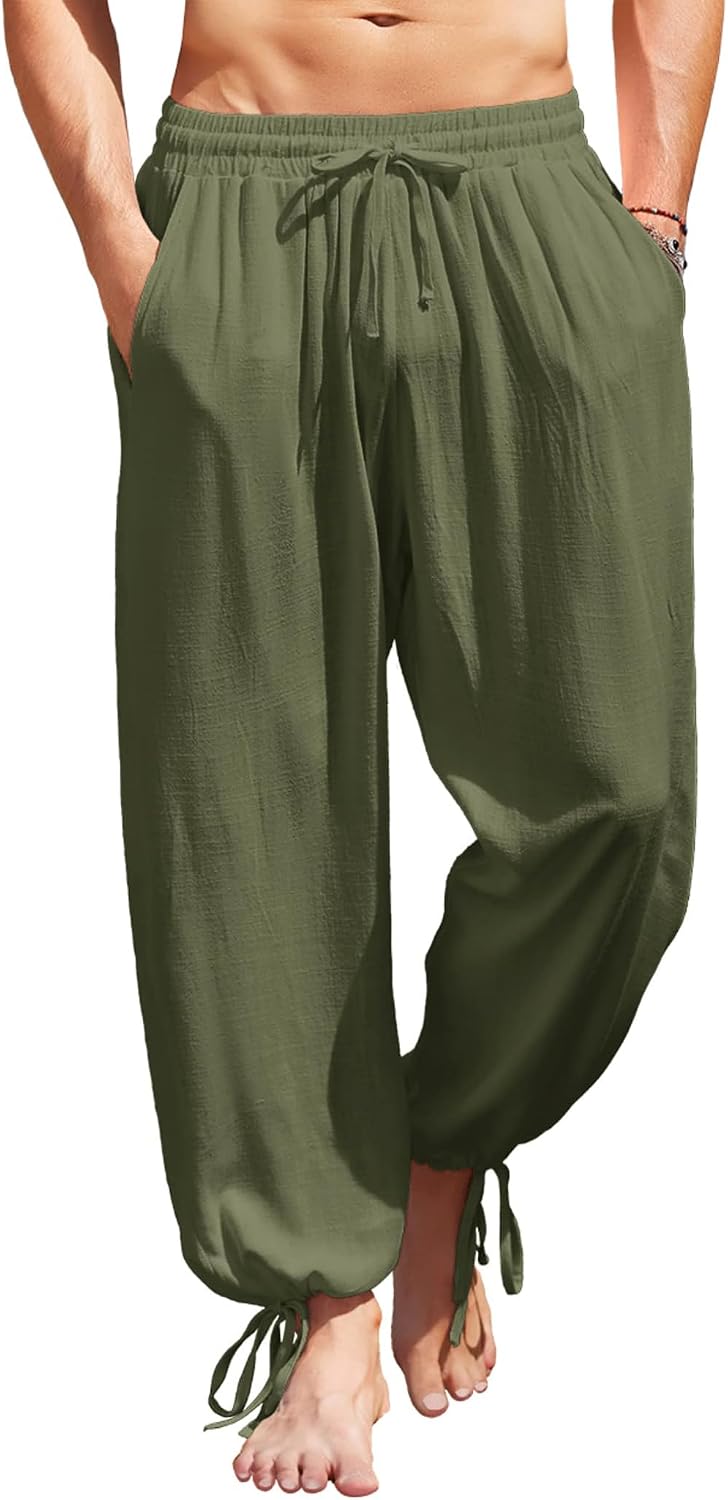 Men's Cotton Linen Pants Casual Harem Pants Elastic Waist Beach Boho Yoga Trousers