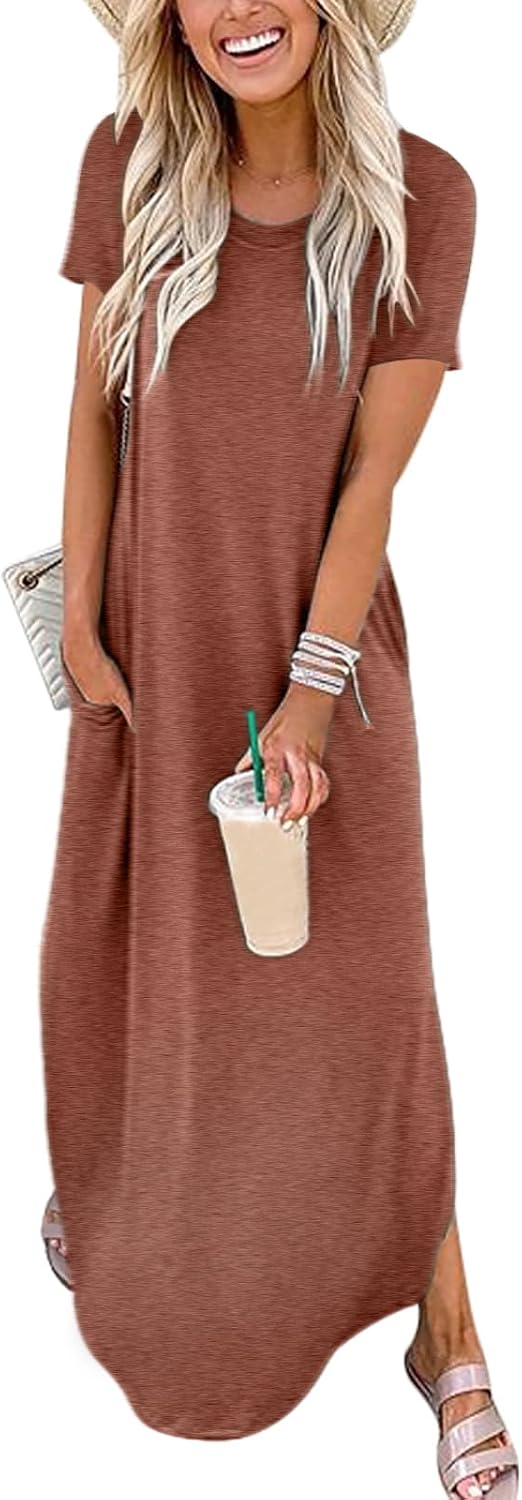Womens Summer Maxi Dress Short Sleeve Casual Loose Long T Shirt Dresses Split Vacation Beach Sundress Travel Outfits
