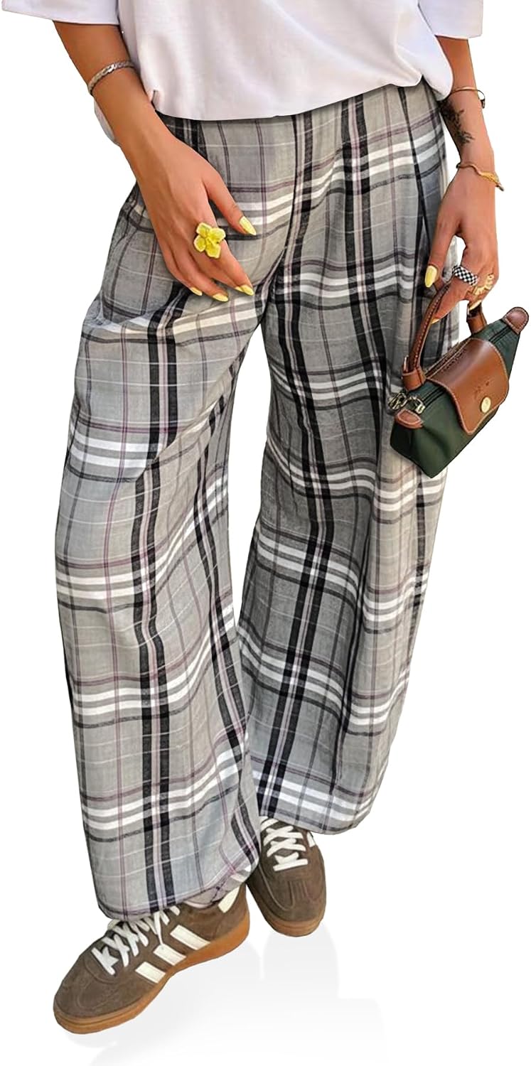 Womens Wide Leg Pants High Wiasted Casual Baggy Palazzo Elastic Plaid Pants Trousers