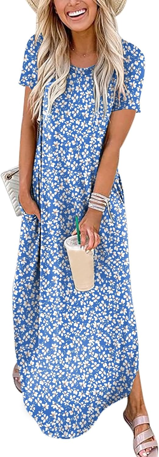 Womens Summer Maxi Dress Short Sleeve Casual Loose Long T Shirt Dresses Split Vacation Beach Sundress Travel Outfits