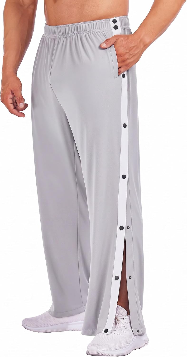 Men's Tear Away Basketball Pants High Split Snap Button Casual Post-Surgery Sweatpants with Pockets
