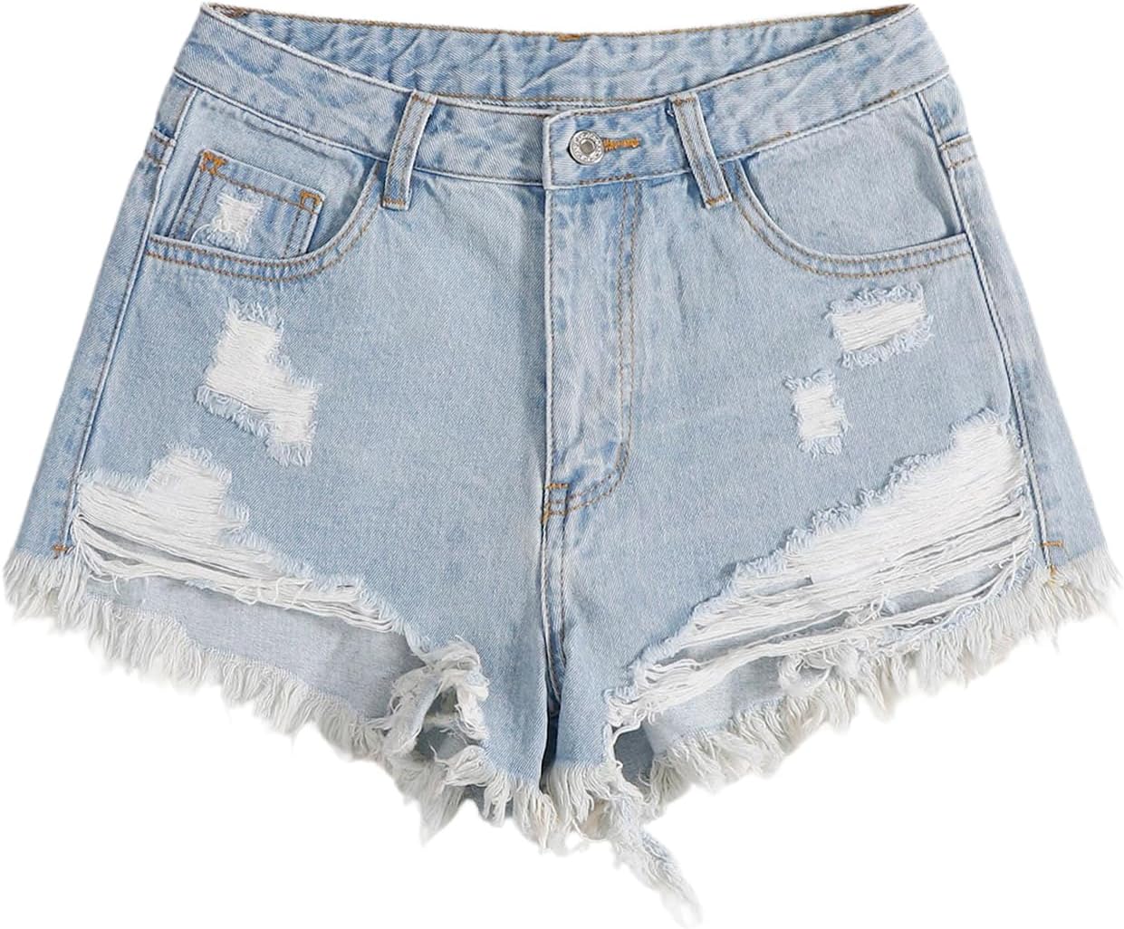 Women's Ripped Raw Hem Jean Shorts High Waisted Straight Leg Denim Shorts Streetwear