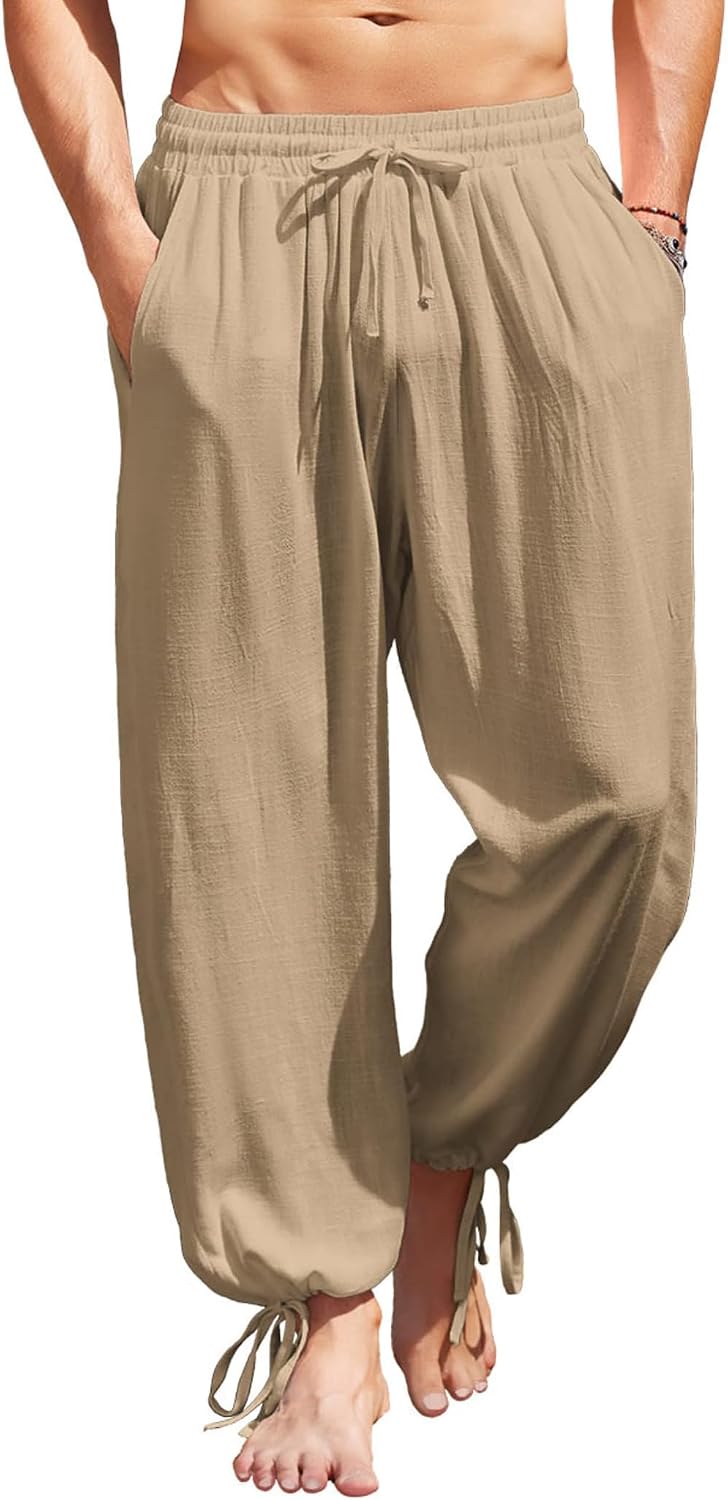 Men's Cotton Linen Pants Casual Harem Pants Elastic Waist Beach Boho Yoga Trousers