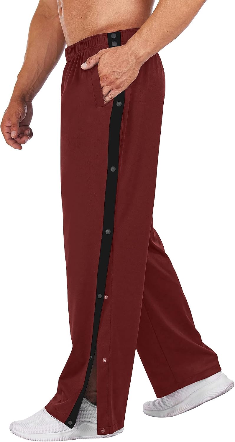 Men's Tear Away Basketball Pants High Split Snap Button Casual Post-Surgery Sweatpants with Pockets
